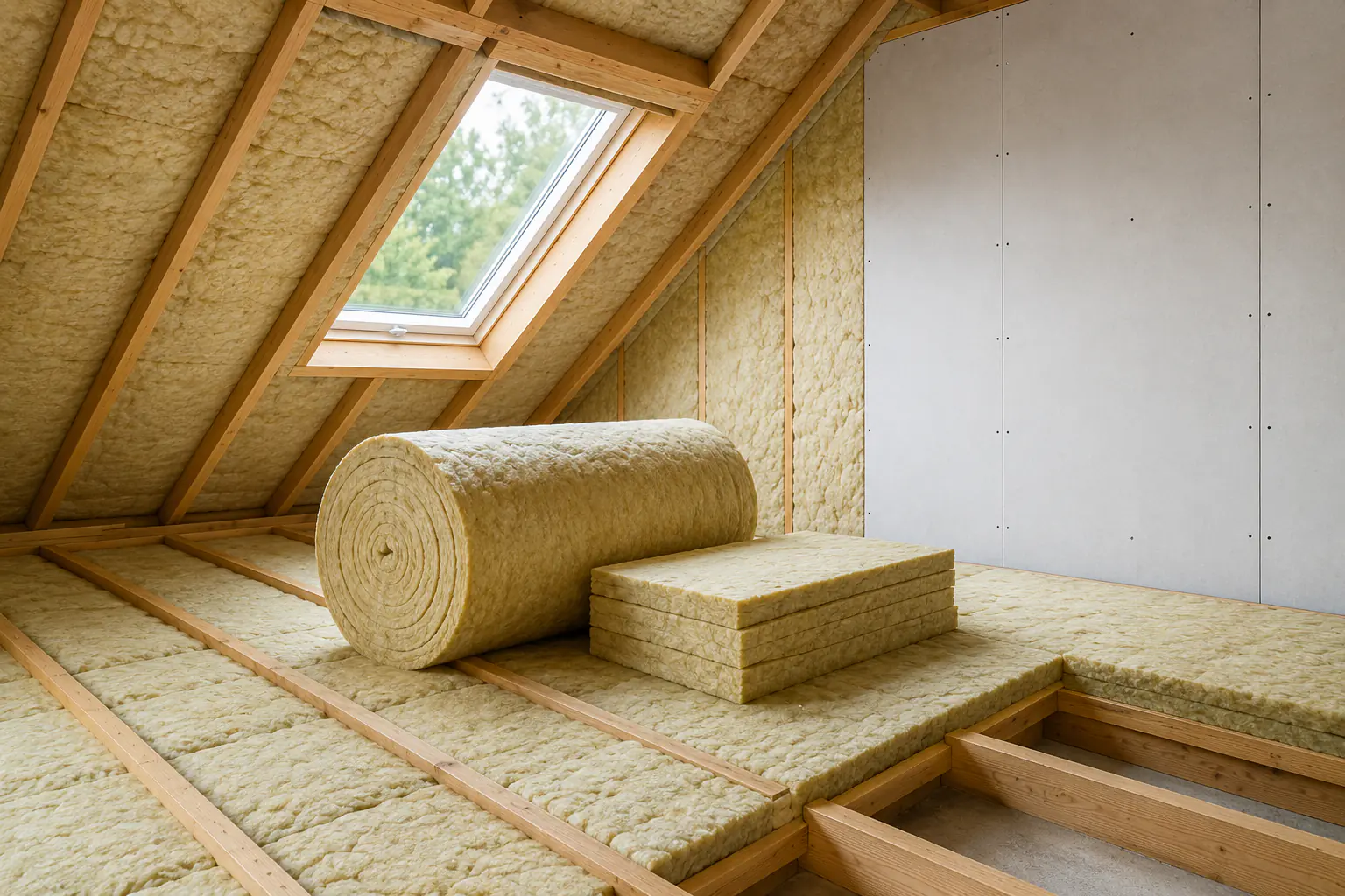 Isolation thermique en laine de roche dans des combles aménagés — chantier de rénovation énergétique
